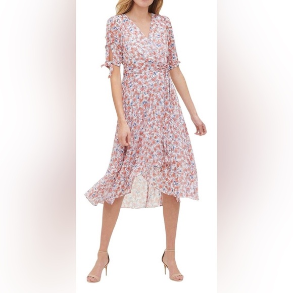 Tommy Hilfiger Sz 8 Coral Blue Floral Chiffon Flowy Lightweight Faux Wrap Dress - Picture 1 of 16